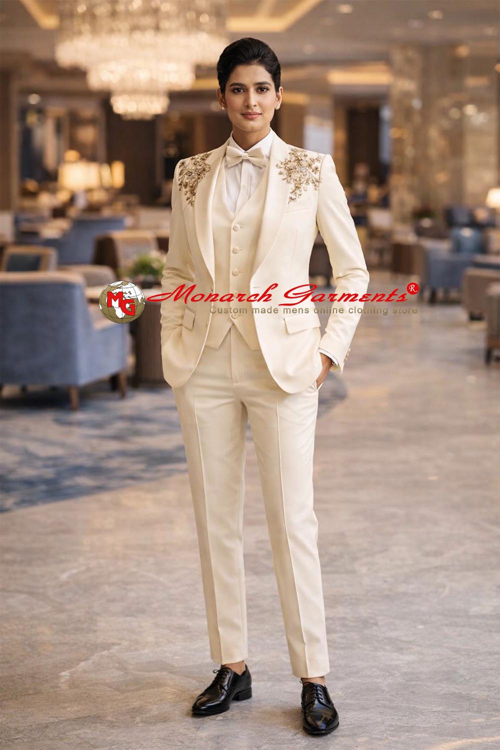 Champagne embroidered 3 piece suit for women slim fit formal suit for wedding and luxury events in India