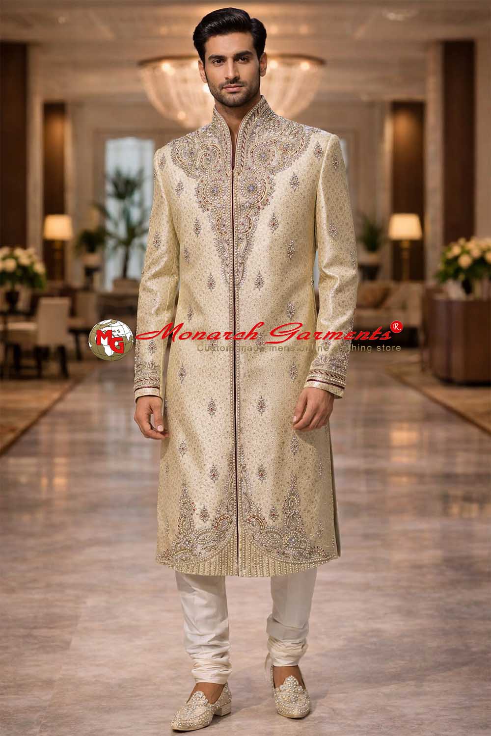 Champagne gold embroidered groom sherwani with bandhgala collar and traditional embroidery for Indian wedding by Monarch Garments