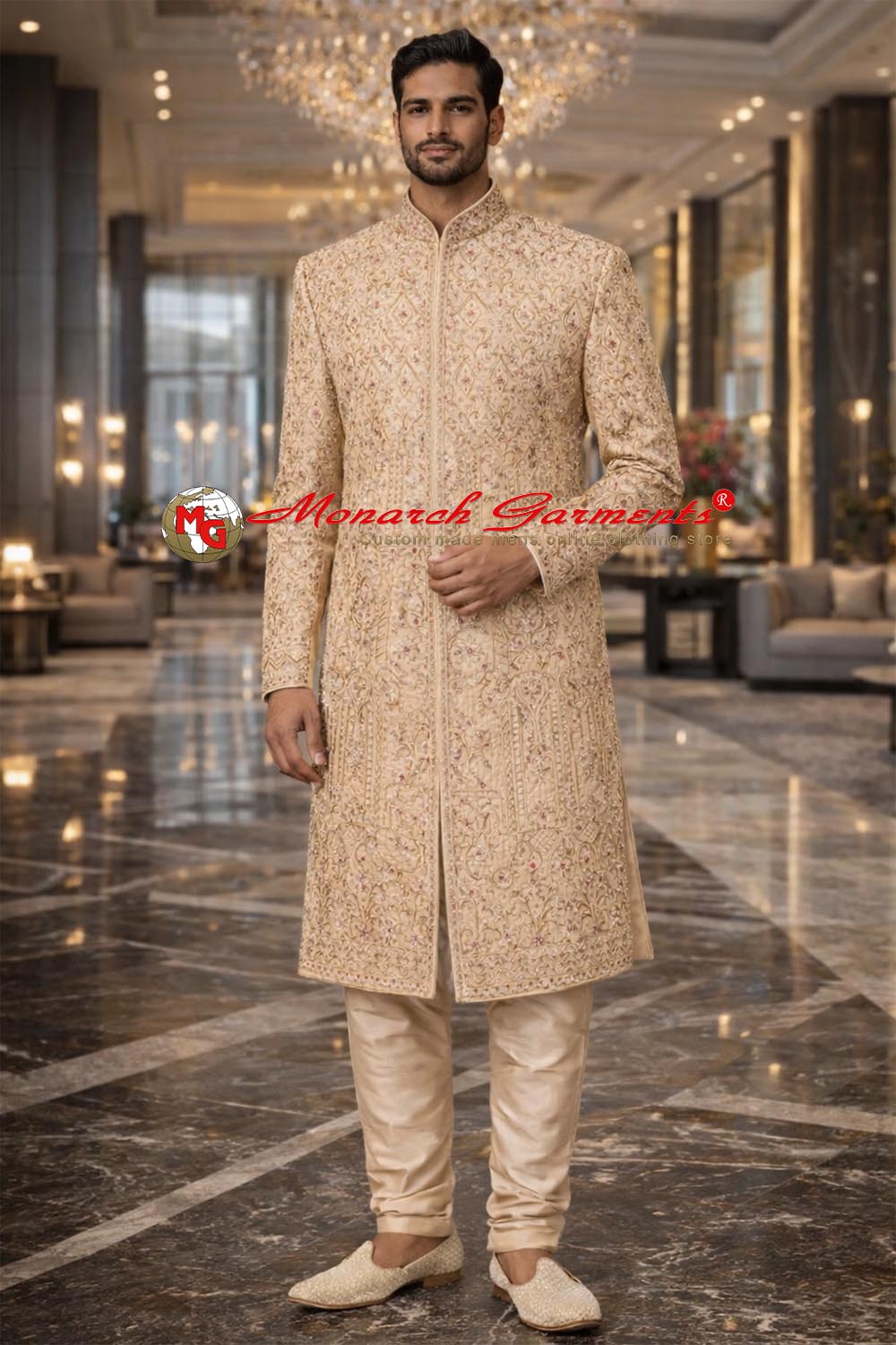 Champagne gold embroidered groom sherwani for Indian wedding with cream churidar