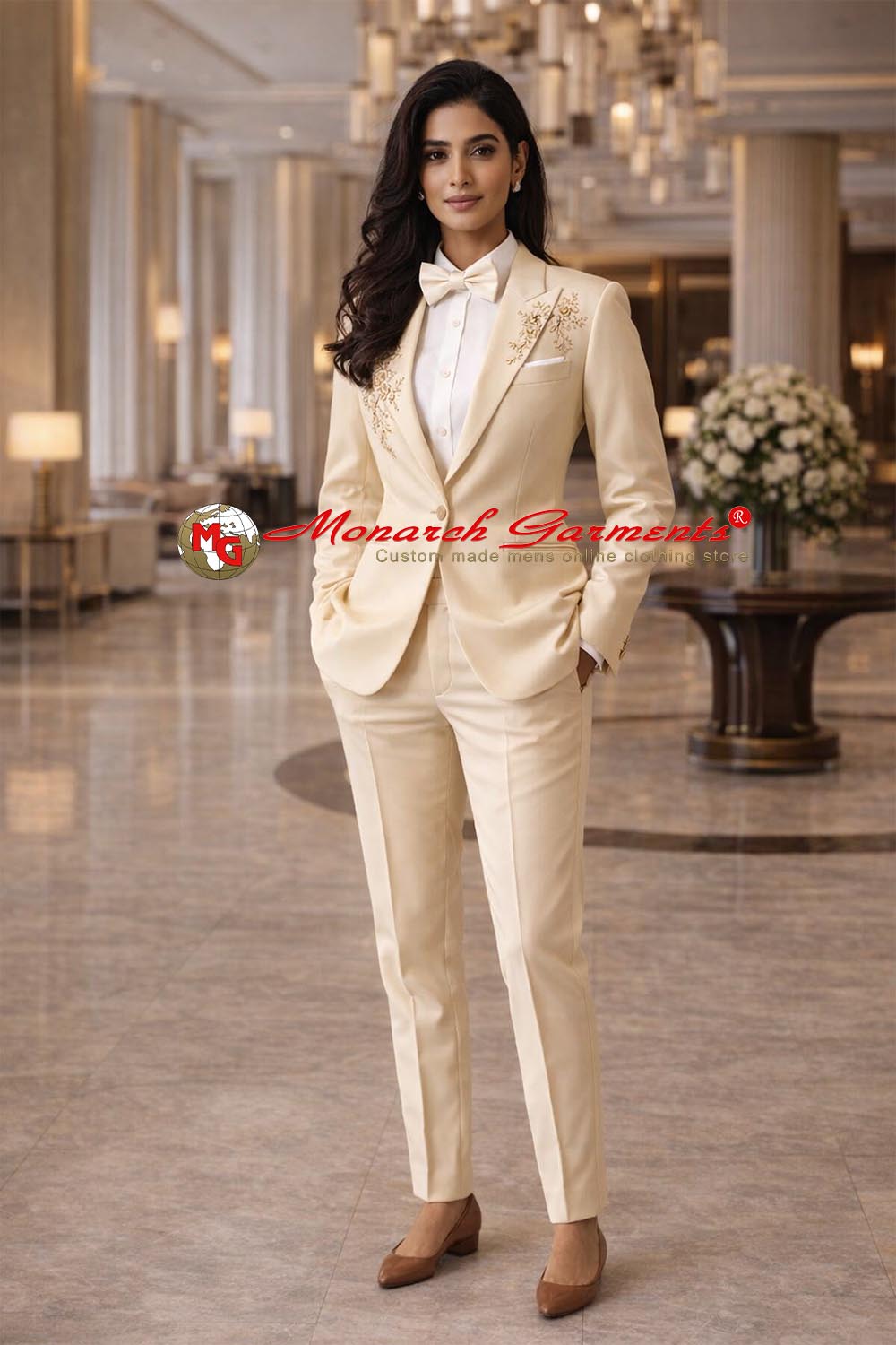 Champagne gold embroidered 2 piece suit for women slim fit luxury formal suit for wedding and grand events in India