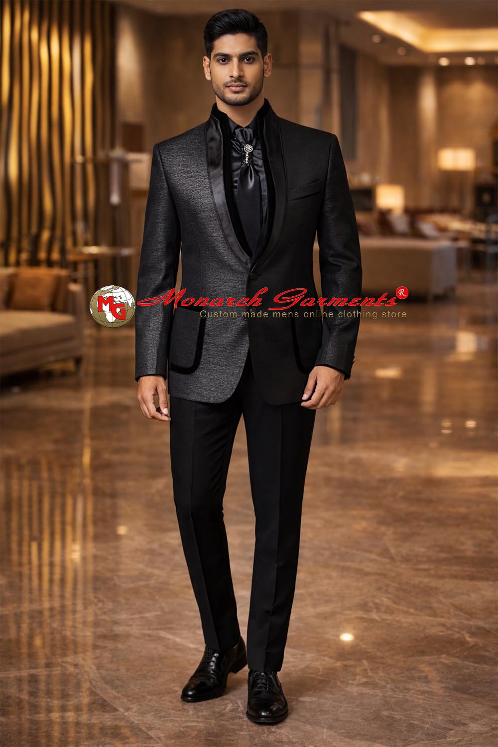 Men’s charcoal black Bandhgala jacket with gold buttons luxury formal wear by Monarch Garments