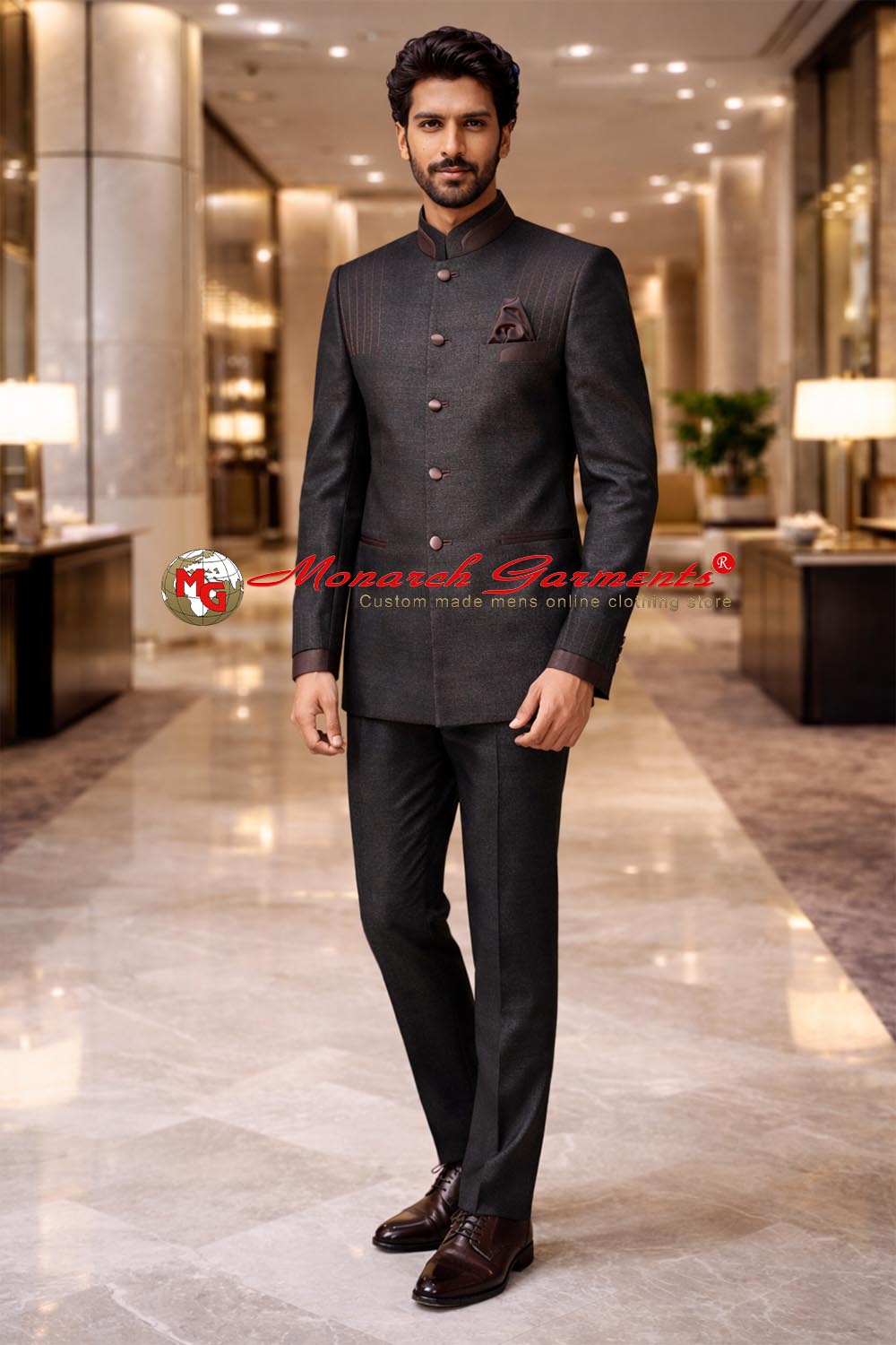 Charcoal black bandhgala suit for men by Monarch Garments – luxury Indian wedding and reception outfit