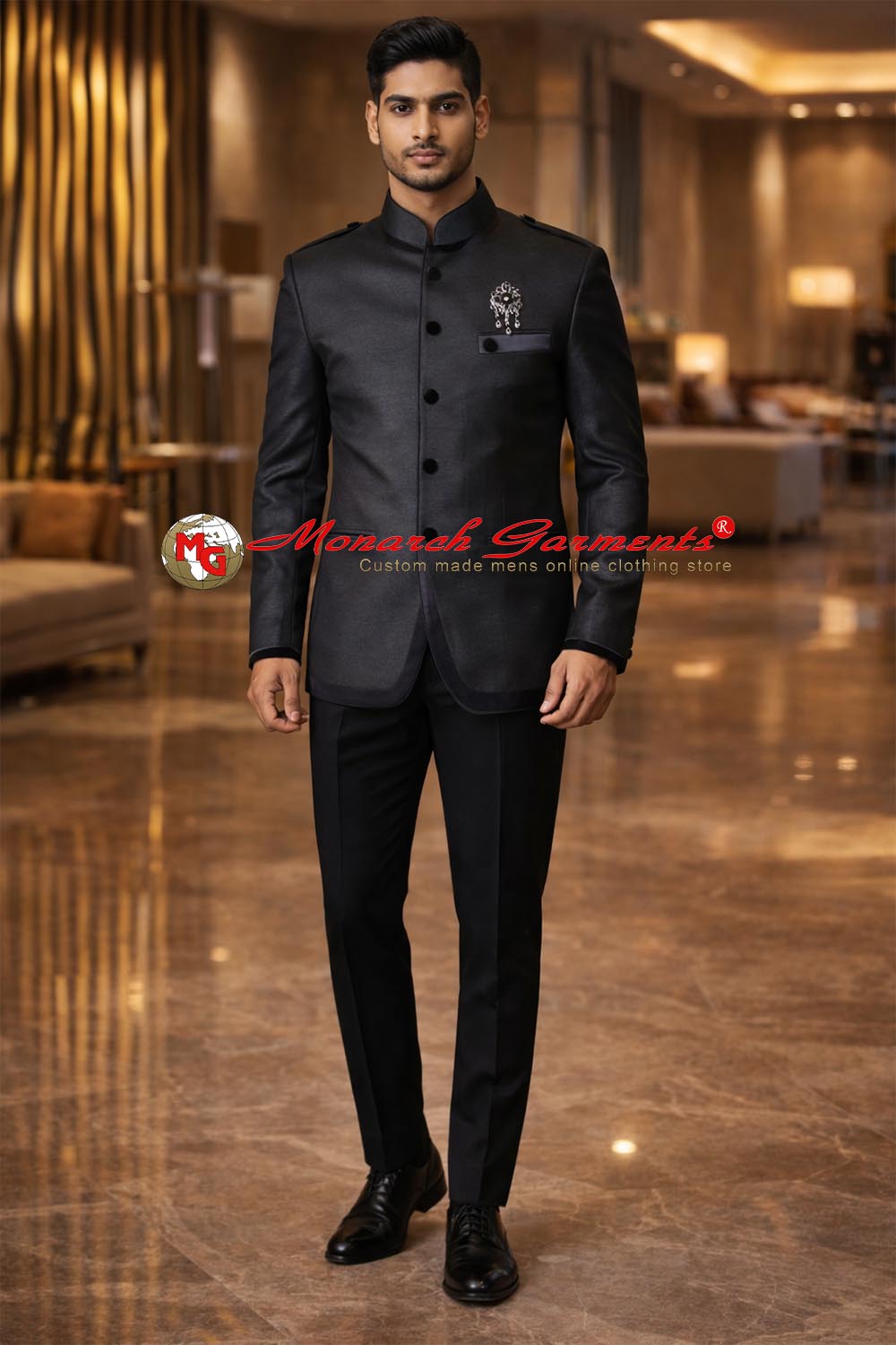 Men’s charcoal grey Bandhgala jacket luxury Indo-Western wedding outfit by Monarch Garments