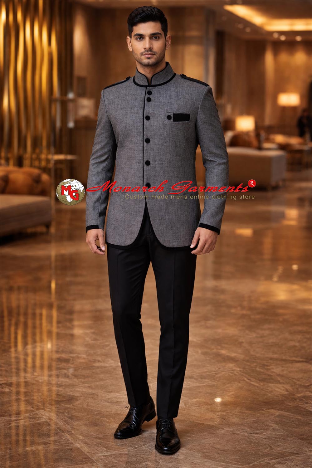 Men’s charcoal grey Bandhgala jacket with black trim luxury Indo-Western wedding outfit by Monarch Garments