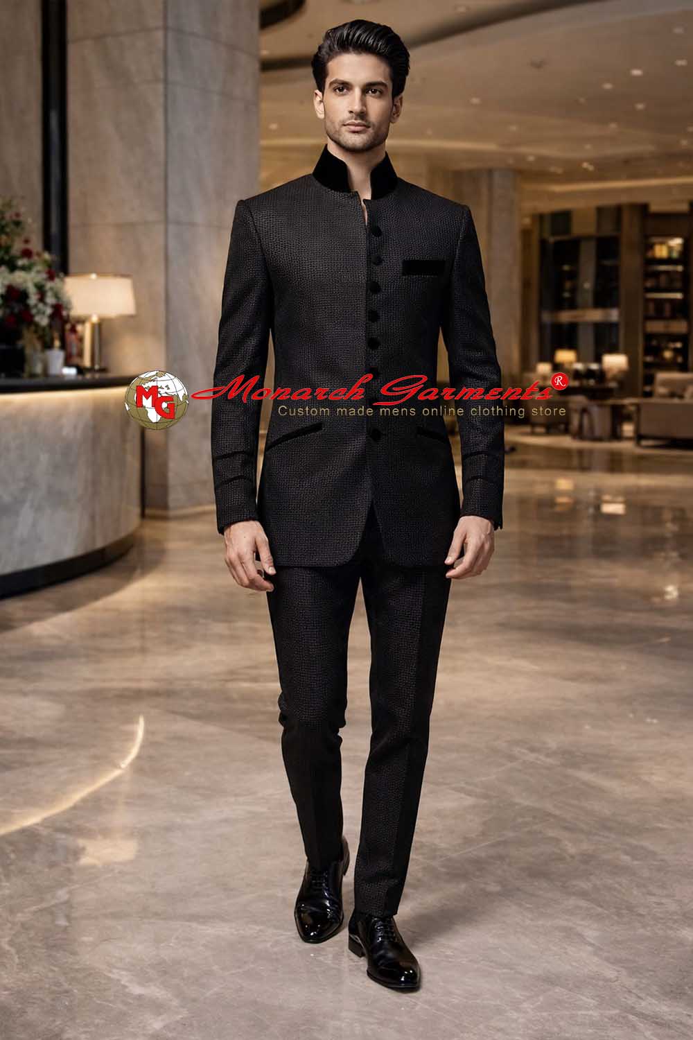 Charcoal grey bandhgala suit for men slim fit designer wedding formal outfit
