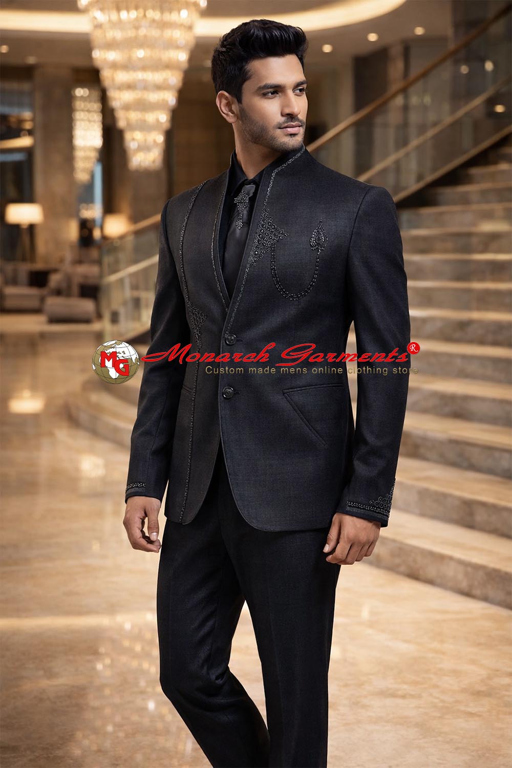 Charcoal grey hand embroidered Jodhpuri suit for men with tie and brooch slim fit