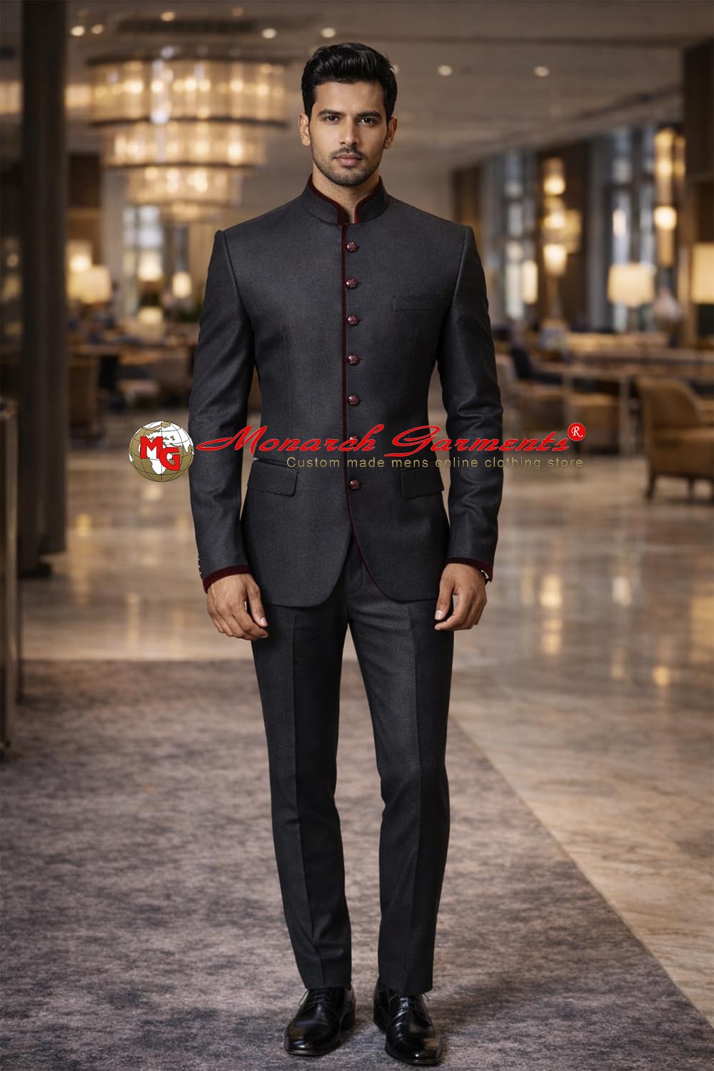 Charcoal grey Jodhpuri suit for men with bandhgala collar and matching trousers