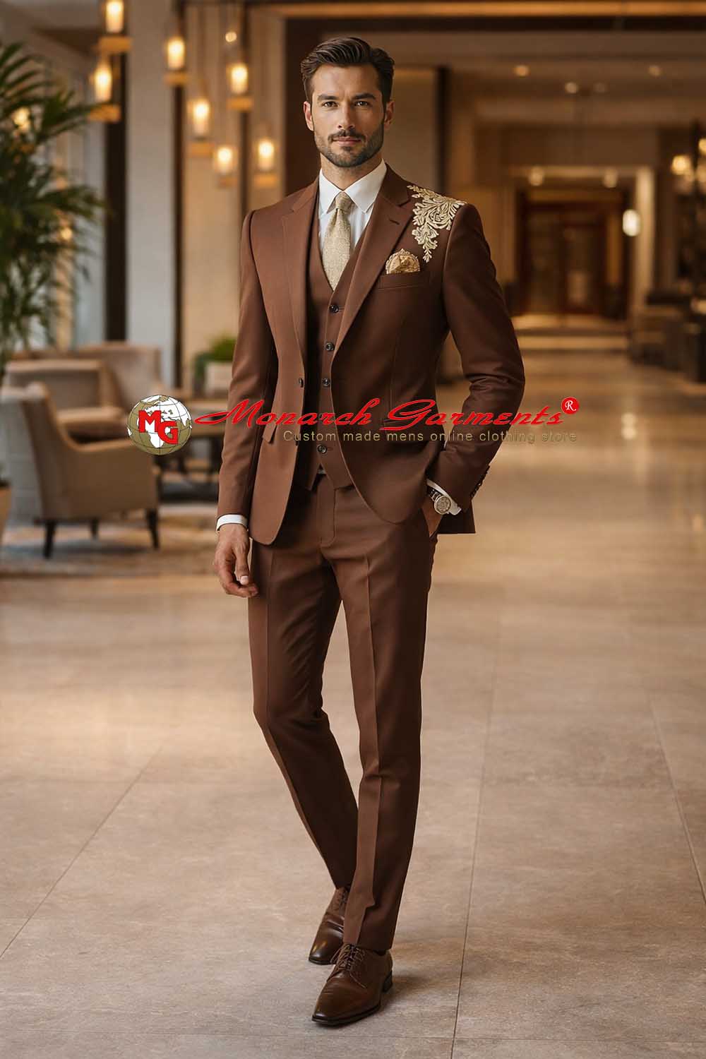 Chocolate brown embroidered 3 piece suit for men slim fit wedding wear with beige shoulder embroidery