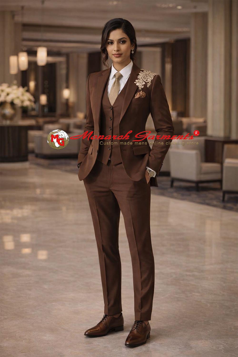 Chocolate brown embroidered 3 piece suit for women slim fit formal suit for wedding and luxury events in India