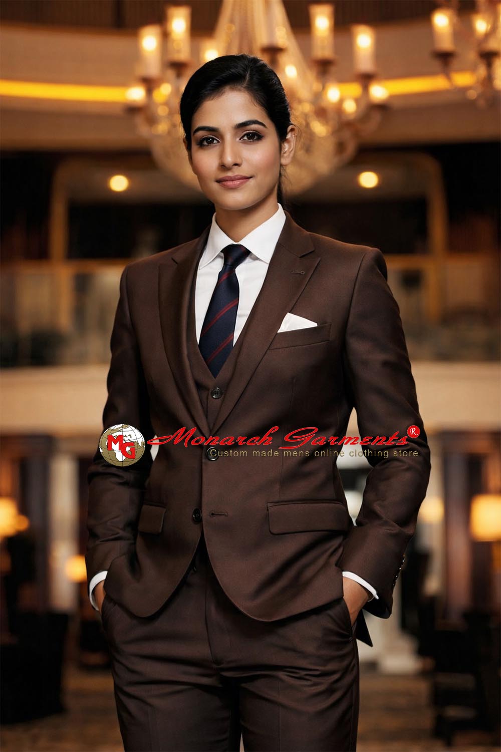 Chocolate brown 3 piece slim fit formal suit for women with blazer waistcoat and tailored trousers