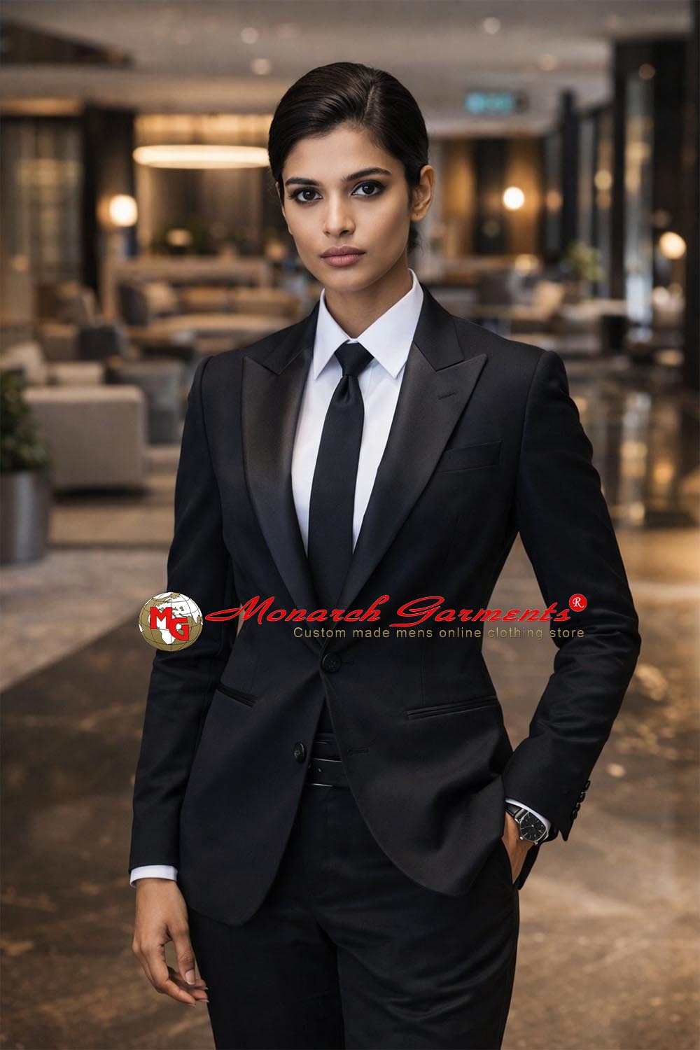 Classic black slim fit formal 2 piece suit for women with tailored blazer and trousers