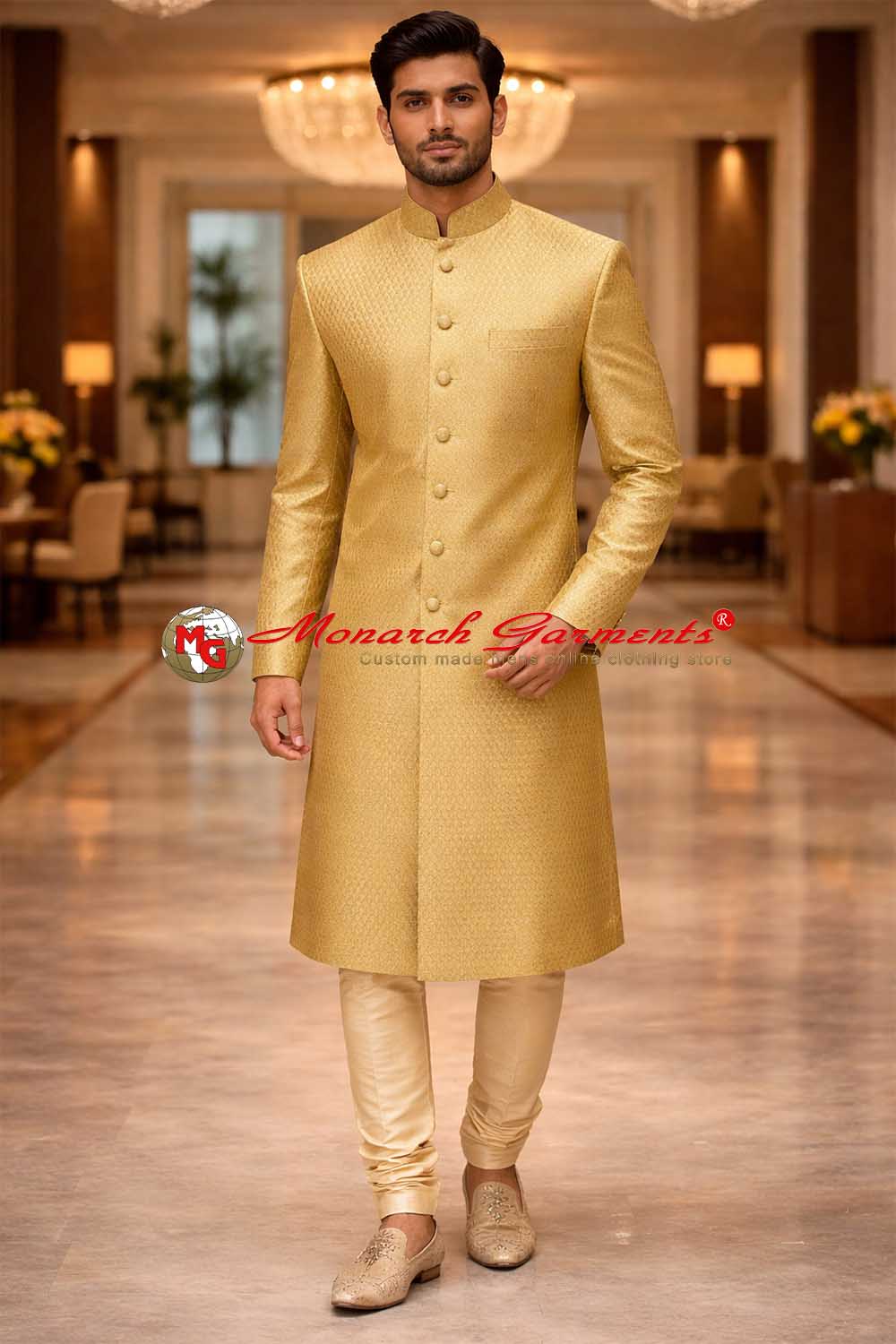 Classic gold brocade sherwani for men with mandarin collar and traditional design – Indian wedding sherwani by Monarch Garments