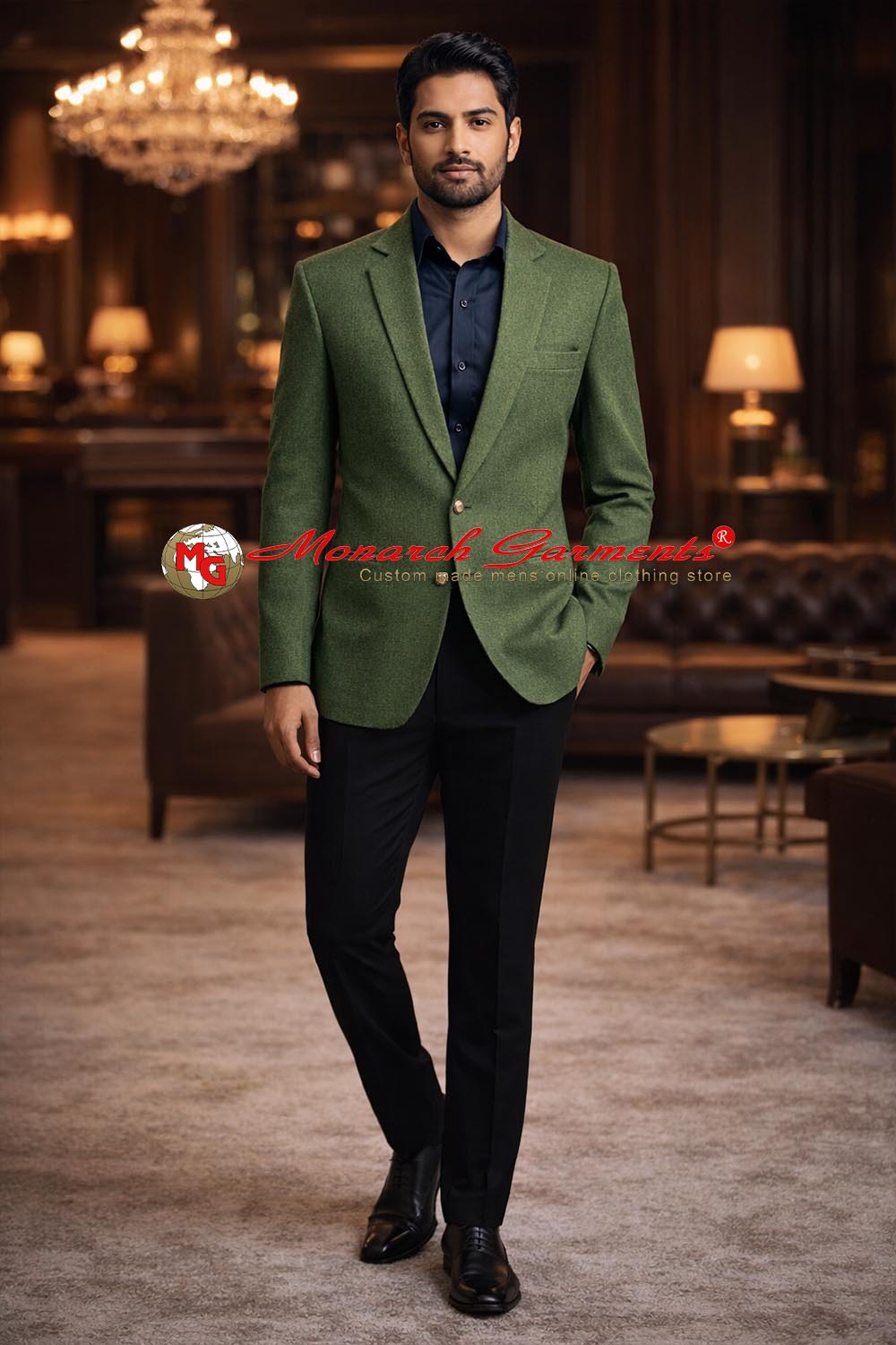 Men's classic green wool two button blazer by Monarch Garments