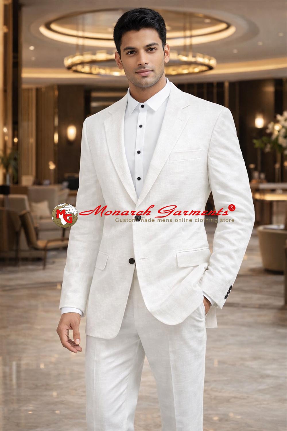 Classic white linen suit for men two button slim fit wedding wear India