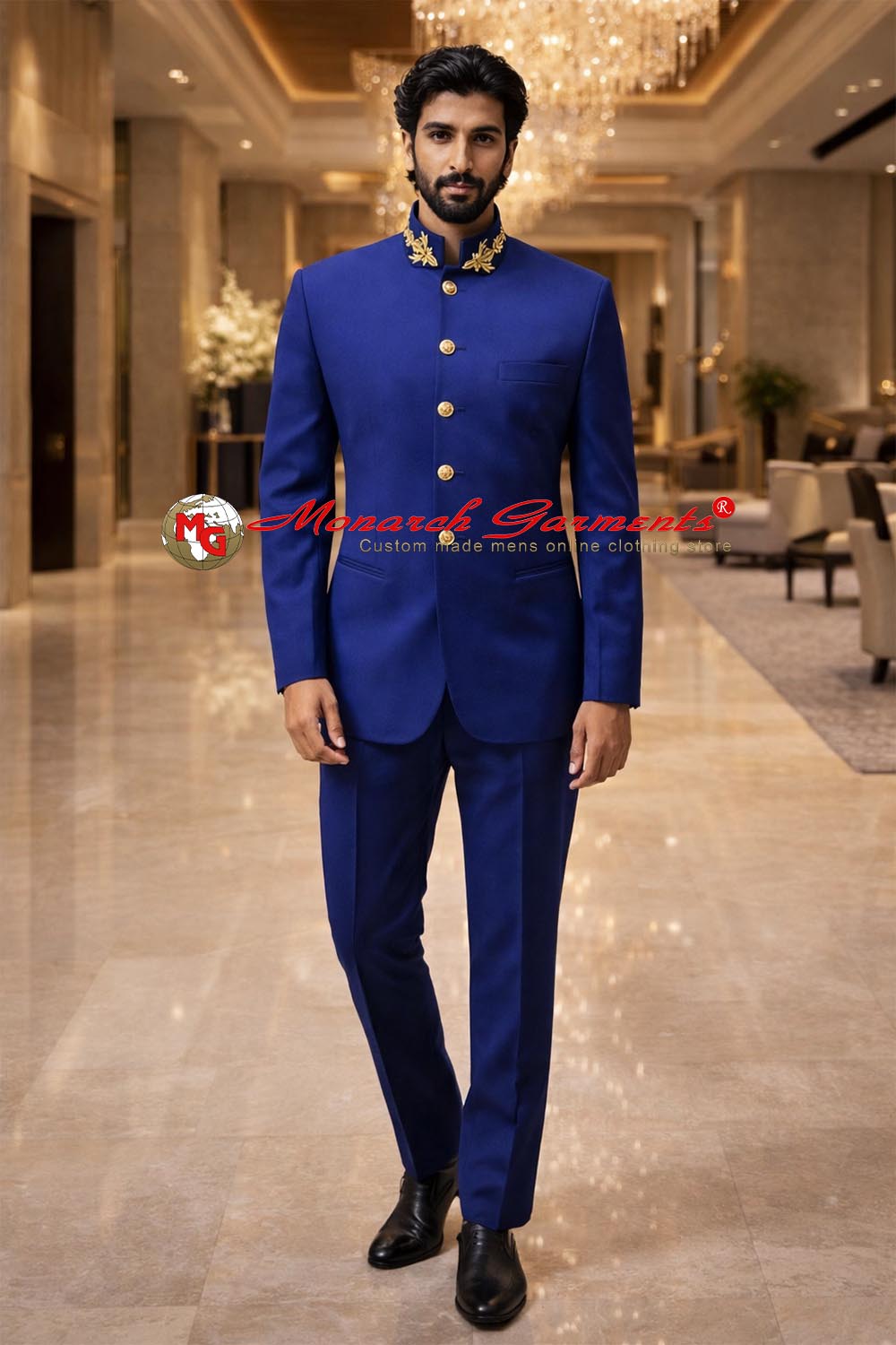 Cobalt blue Bandhgala Jodhpuri partywear suit for men with matching trousers by Monarch Garments