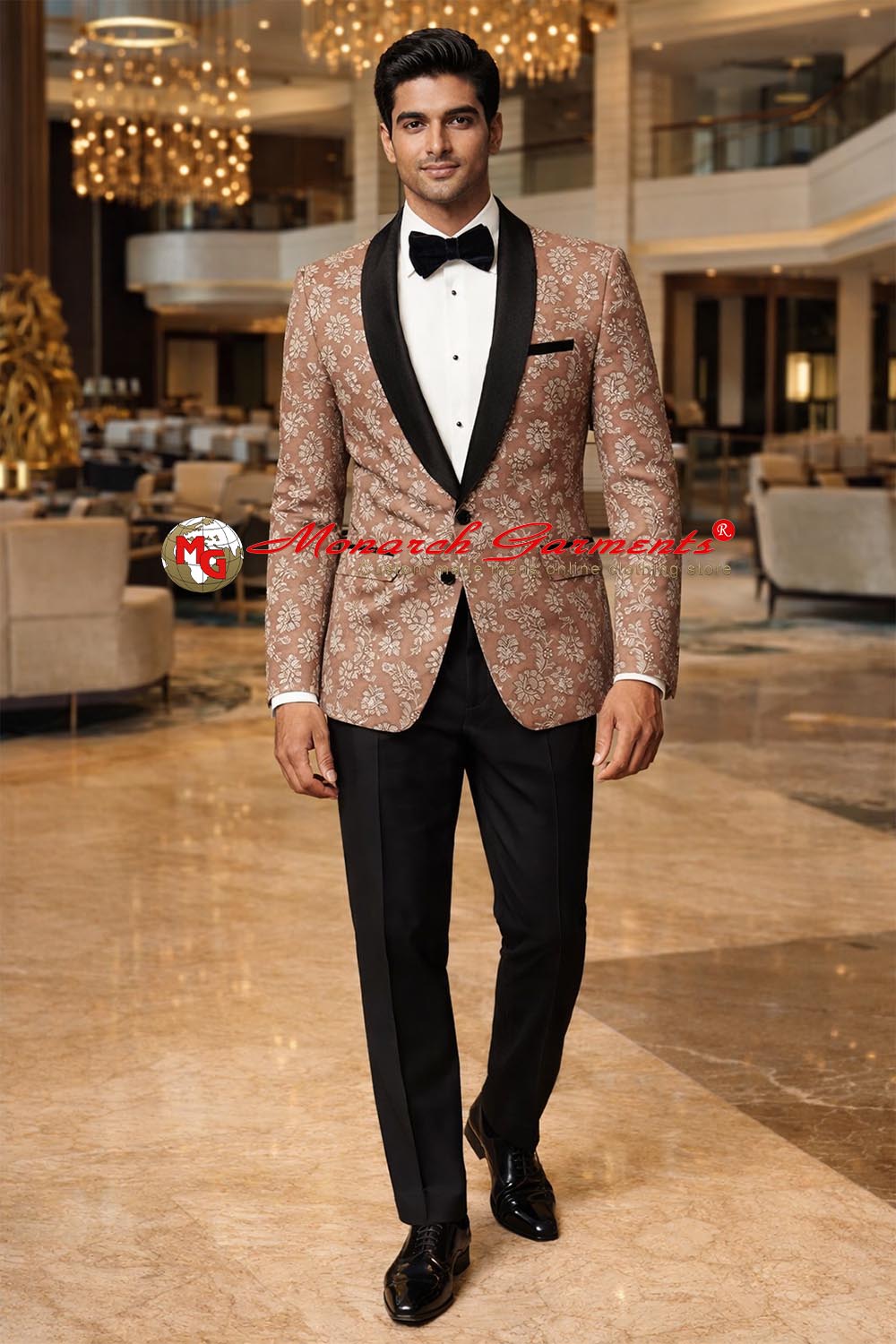 Copper brocade slim fit blazer with black satin shawl lapel for wedding reception by Monarch Garments