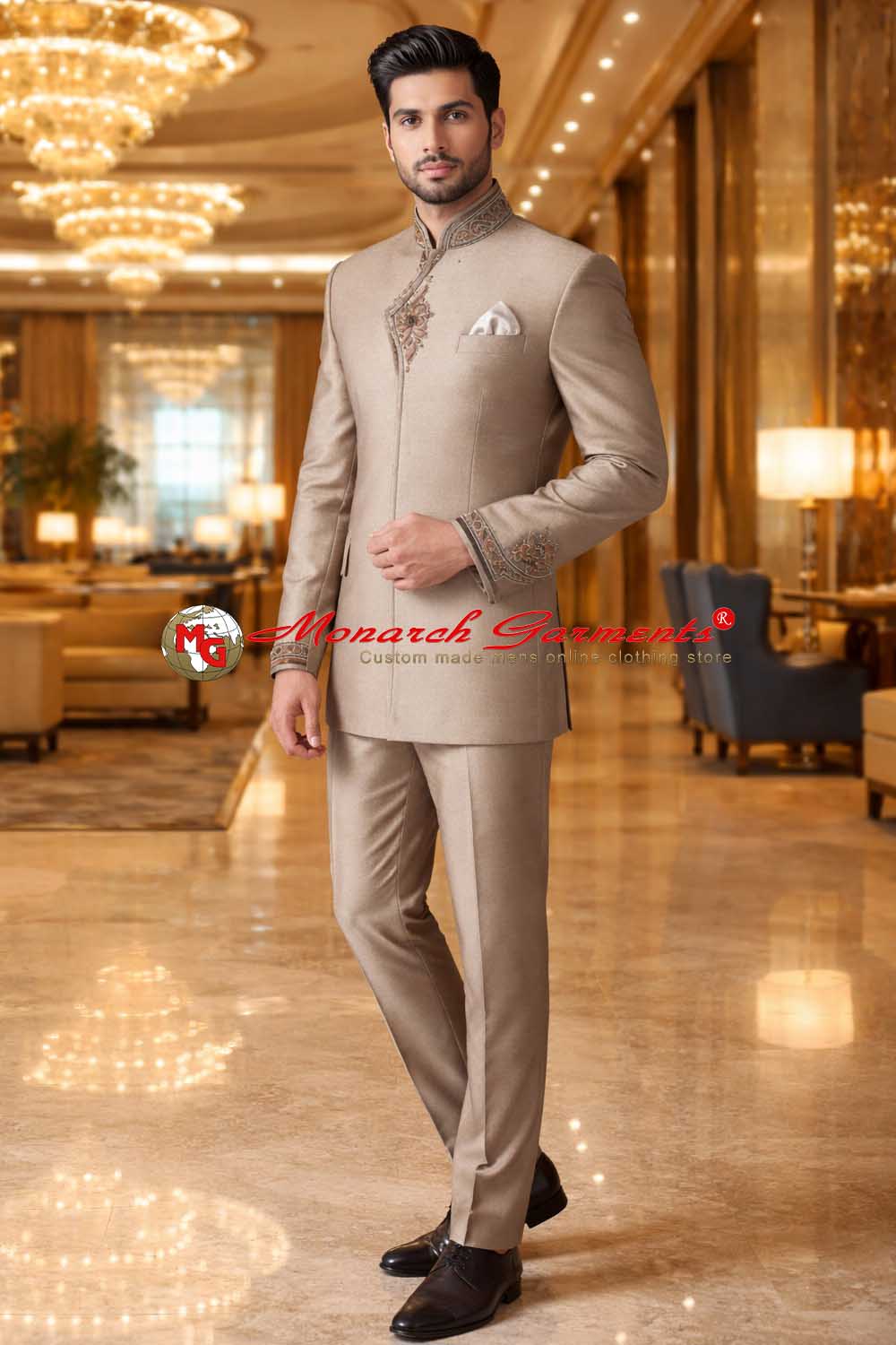 Copper brown concealed button Jodhpuri suit for men hand embroidered wedding outfit Monarch Garments