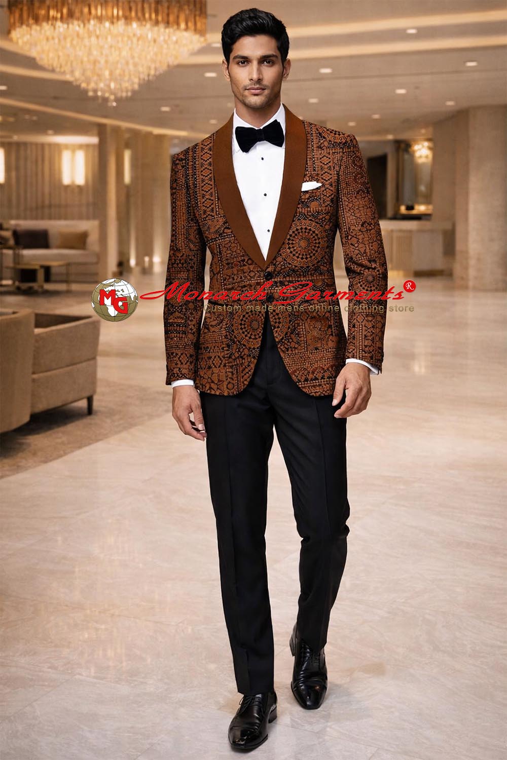 Men’s copper velvet slim fit blazer with circle print and satin shawl lapel for wedding reception and luxury evening wear