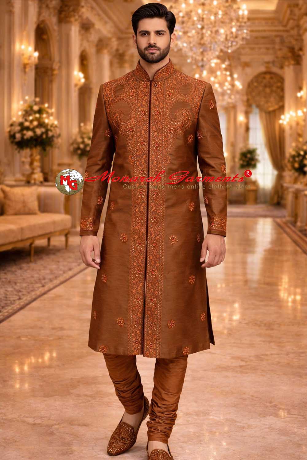 Copper dupion silk embroidered wedding sherwani for men with matching pyjama by Monarch Garments