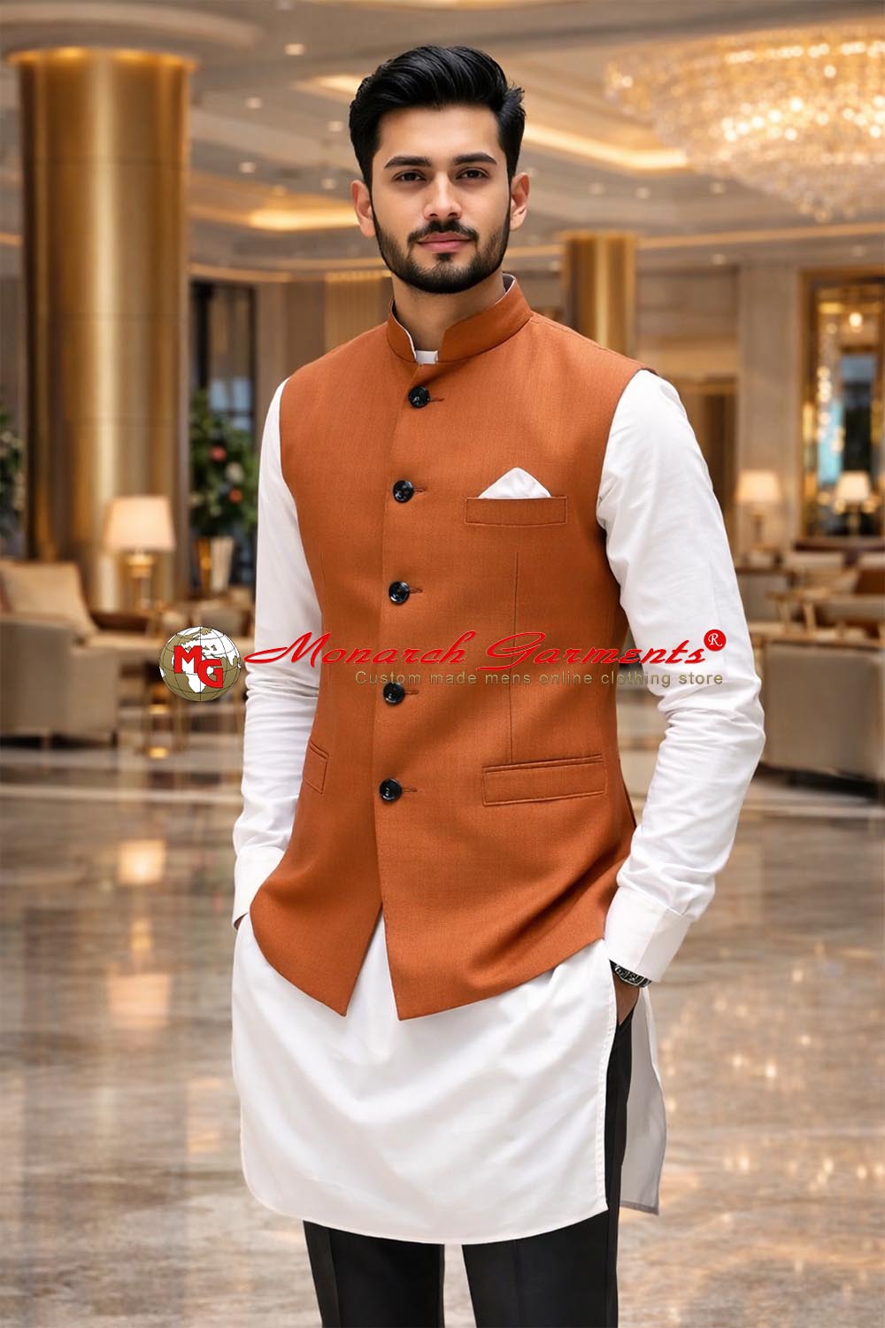 Copper Nehru vest for men slim fit formal waistcoat for weddings and occasions