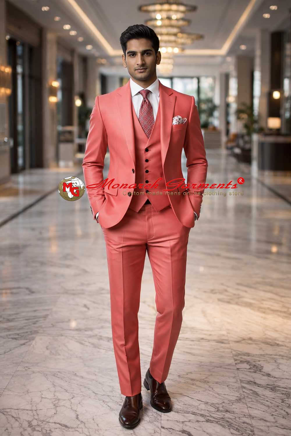 Coral pink 3 piece suit for men slim fit wedding formal wear blazer vest trousers