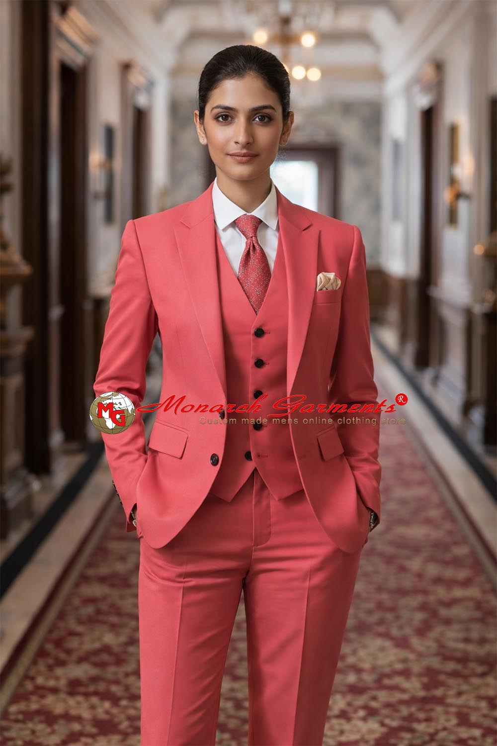 Coral pink 3 piece slim fit formal suit for women with blazer waistcoat and tailored trousers