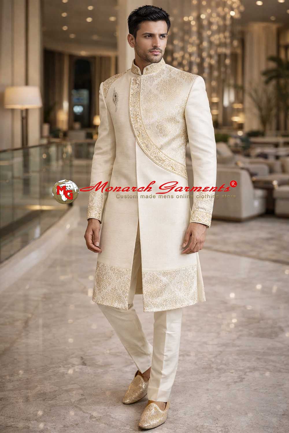 Cream angrakha style Indo Western suit for men in jute fabric wedding outfit India