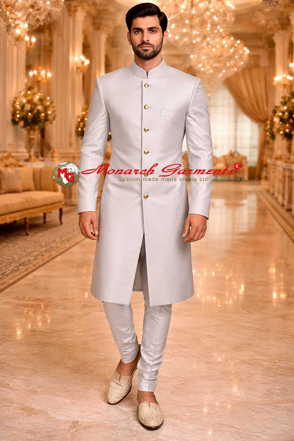 Cream bandhgala wedding sherwani for men with pyjama by Monarch Garments