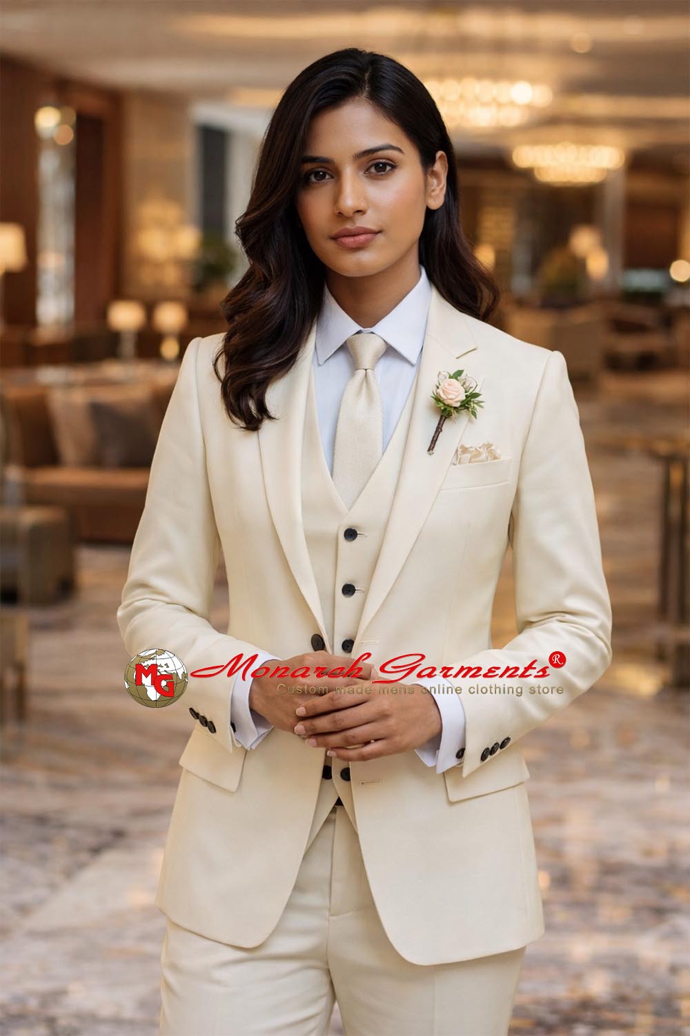 Cream beige 3 piece wedding suit for women with blazer waistcoat and slim fit trousers