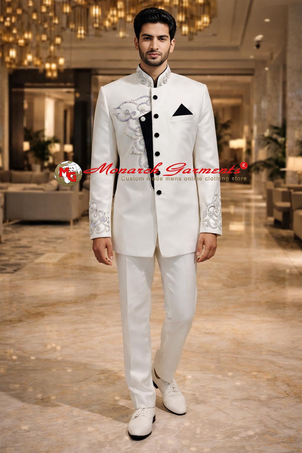 Cream and black Jodhpuri suit for men with velvet and embroidery wedding wear