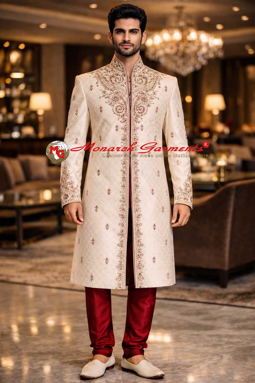 Men's cream brocade Bollywood style wedding sherwani with maroon churidar by Monarch Garments