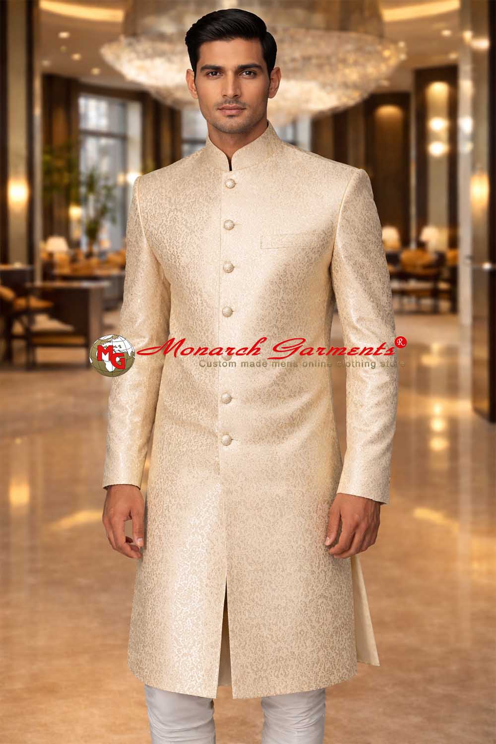 Cream brocade wedding sherwani for men with bandhgala collar by Monarch Garments India