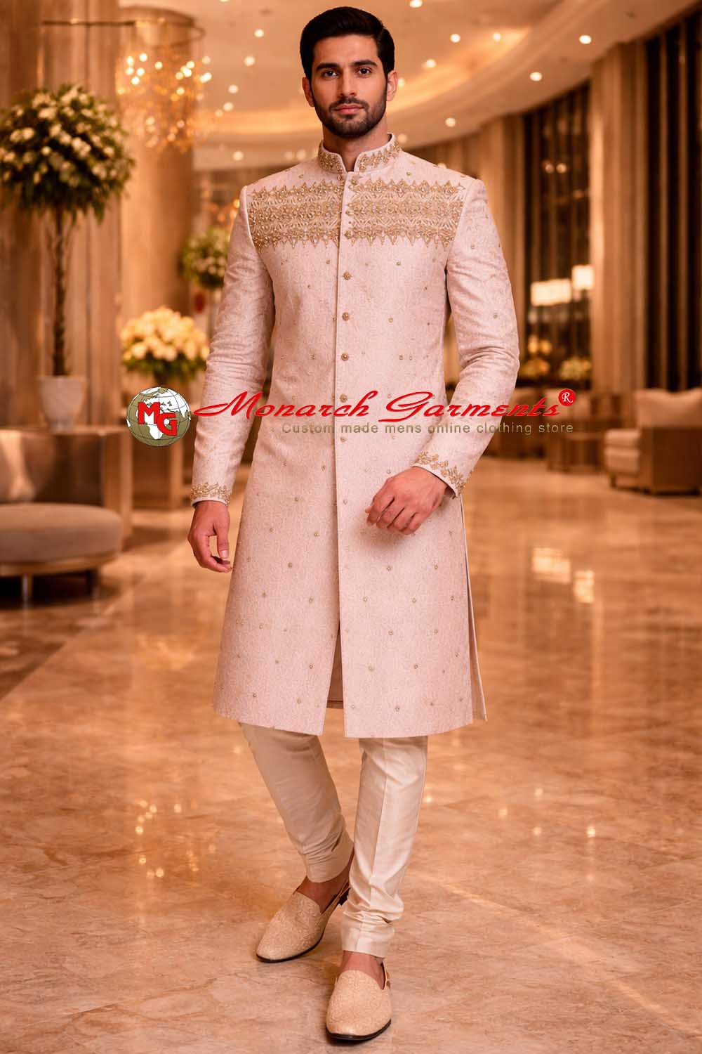 Cream brocade concealed button groom sherwani with embroidery and light beige dupion silk pyjama