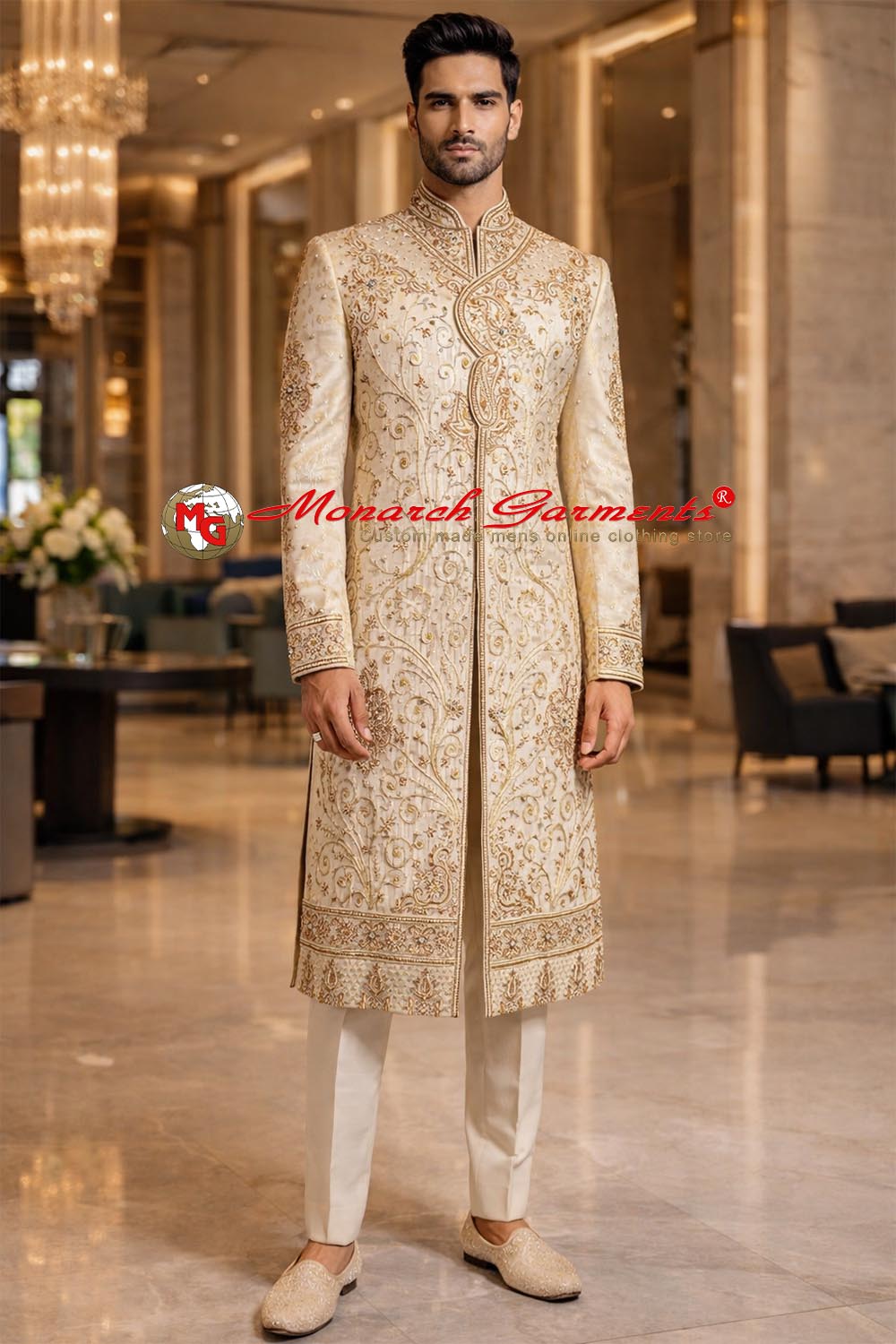 Cream brocade embroidered groom sherwani with white dupion silk churidar for wedding