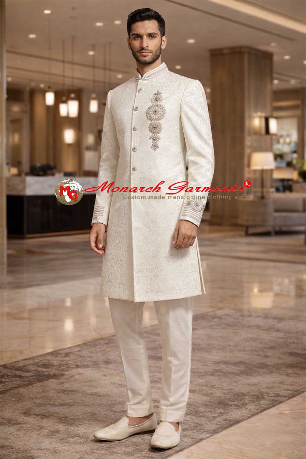 Cream brocade indo western suit for men with embroidery and Nehru collar wedding outfit India