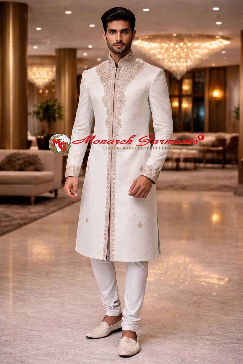 Men’s cream brocade hand embroidered wedding sherwani with dupion silk churidar Indian groom outfit