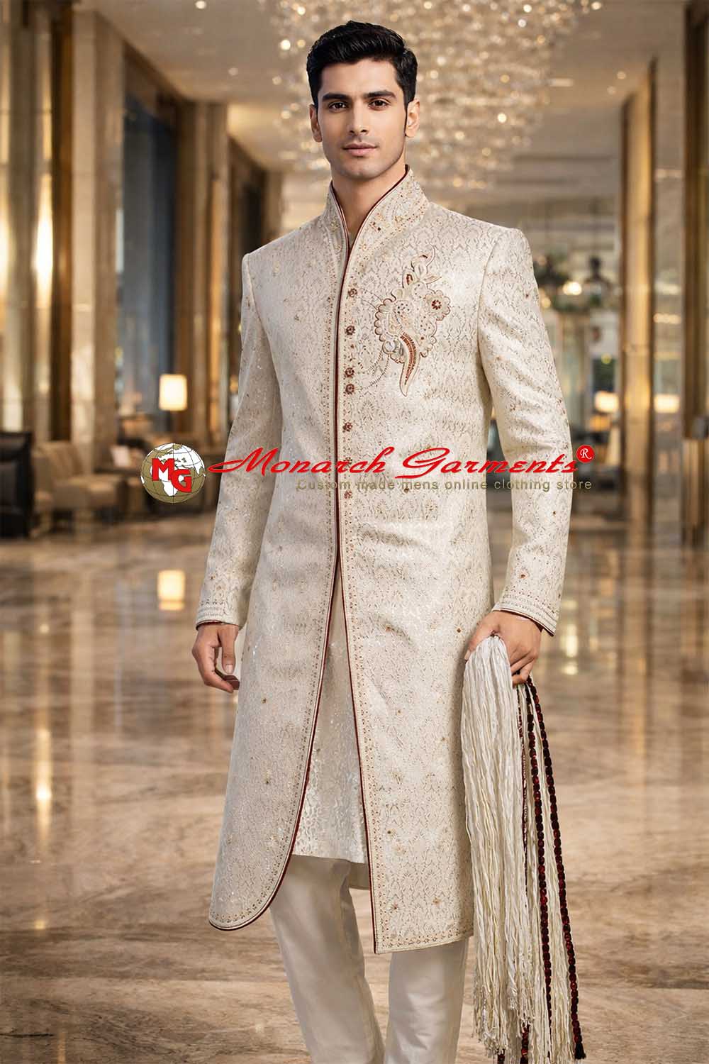 Cream brocade Indo Western sherwani for men with maroon piping and stole for wedding wear India