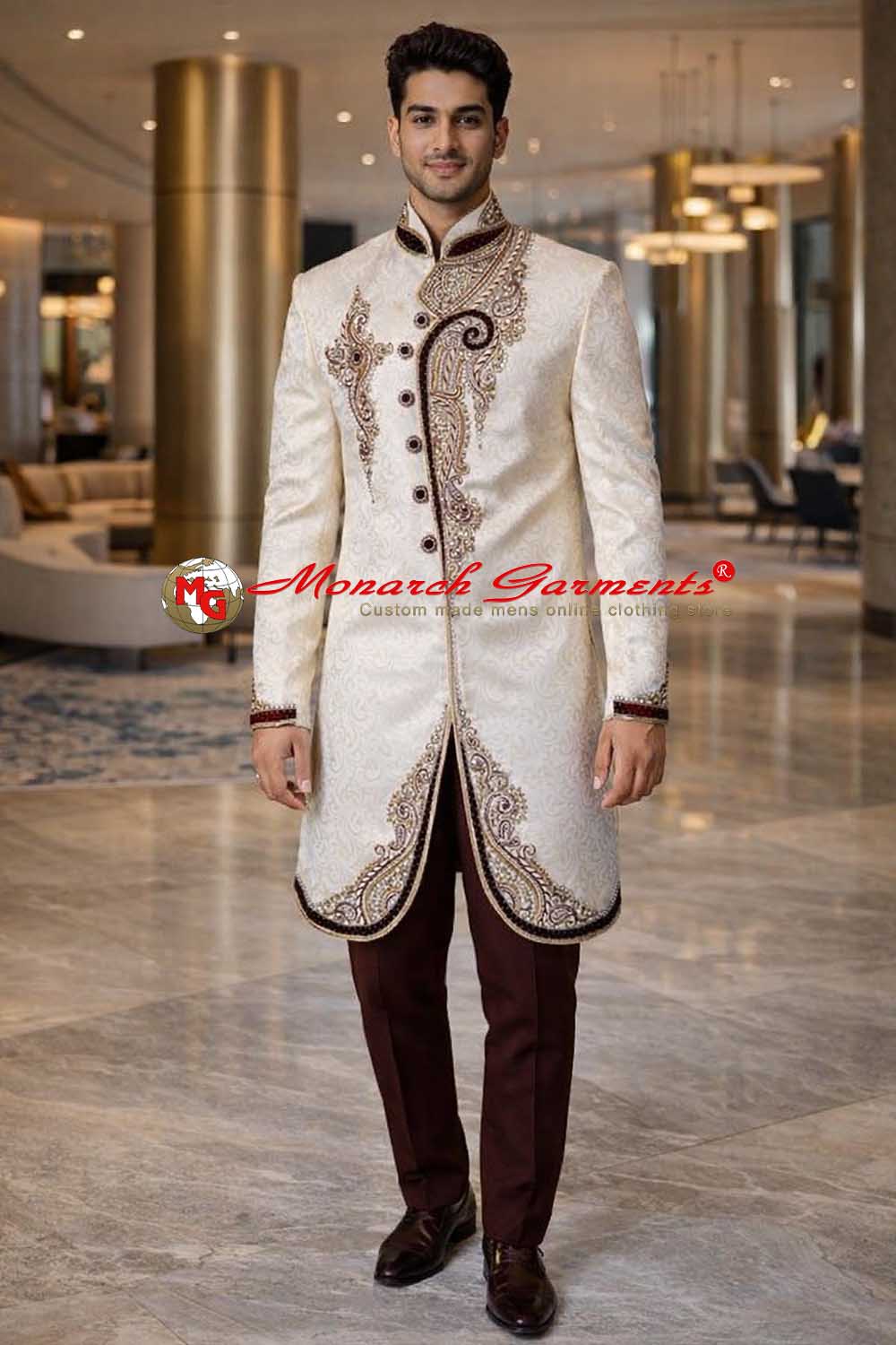 Cream brocade Indo Western sherwani for men with maroon velvet patch work wedding wear India