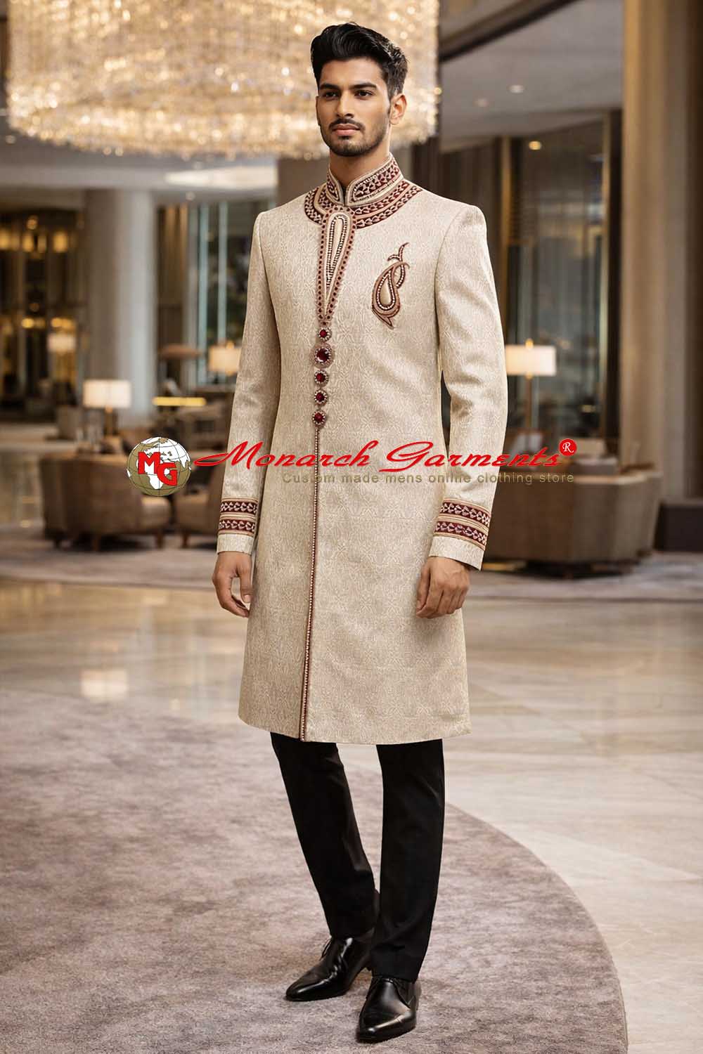 Cream brocade indo western sherwani for men with Nehru collar embroidered wedding outfit India