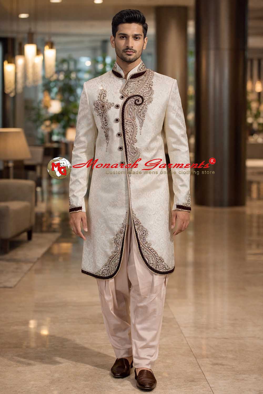 Cream brocade Indo western sherwani for men with red velvet trim wedding wear
