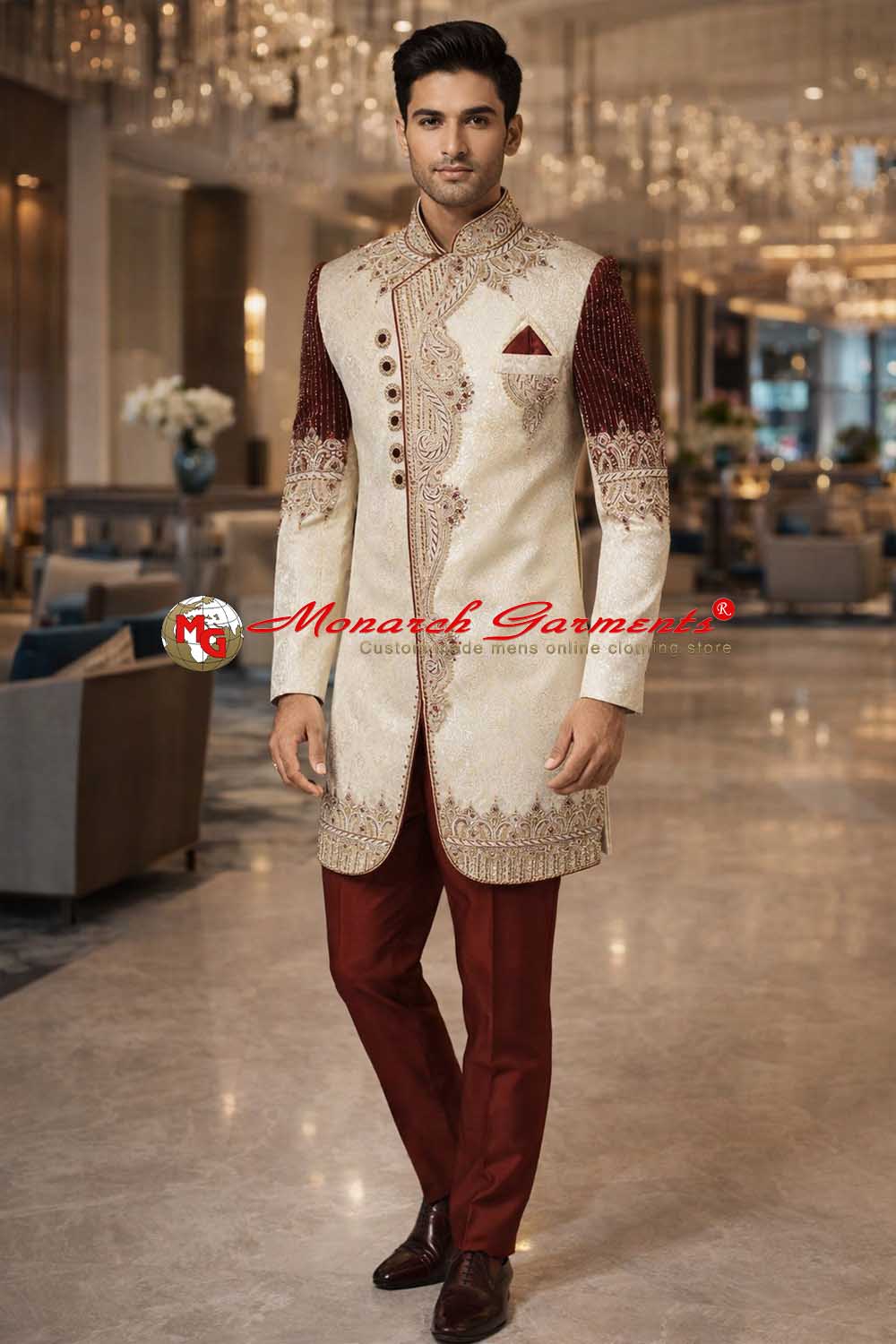 Cream brocade Indo Western suit for men with maroon pyjama wedding wear India