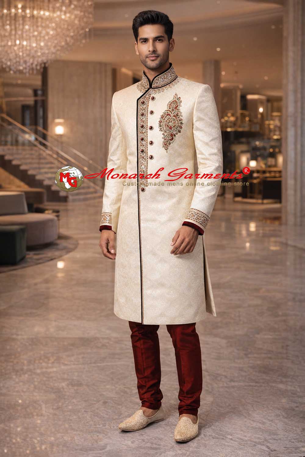 Cream brocade Indo Western suit for men with maroon velvet trim and dupion silk pyjama