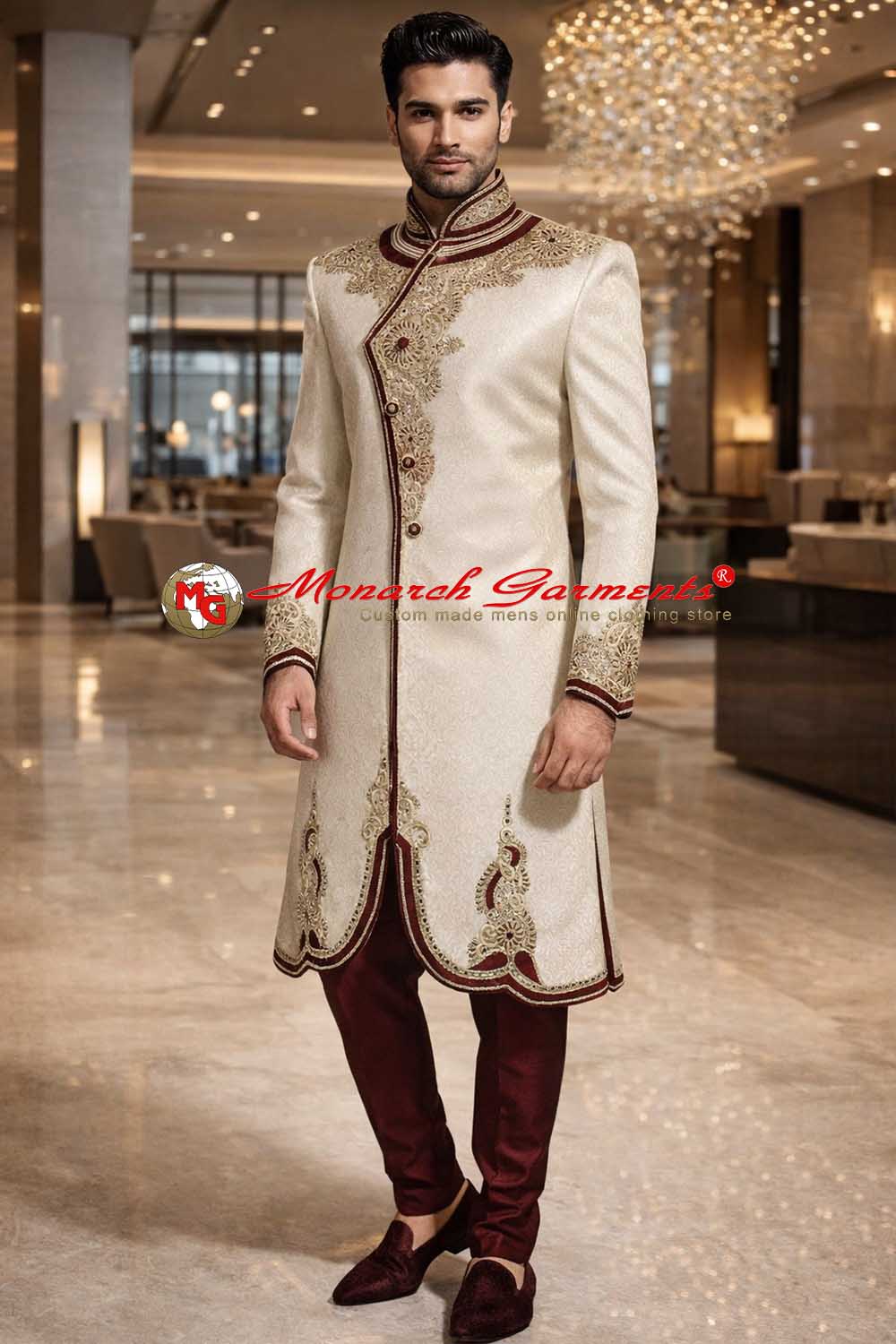 Cream brocade Indo western suit for men with maroon embroidery wedding wear