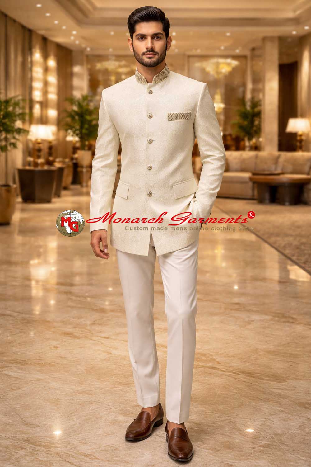 Cream brocade Jodhpuri suit for men luxury bandhgala wedding suit Monarch Garments
