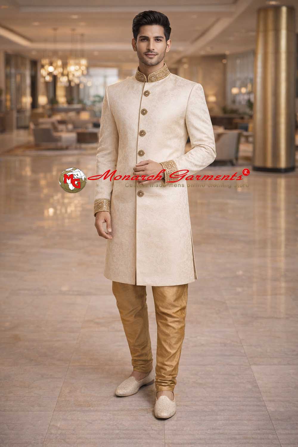 Cream brocade Nehru collar Indo Western suit for men with copper churidar