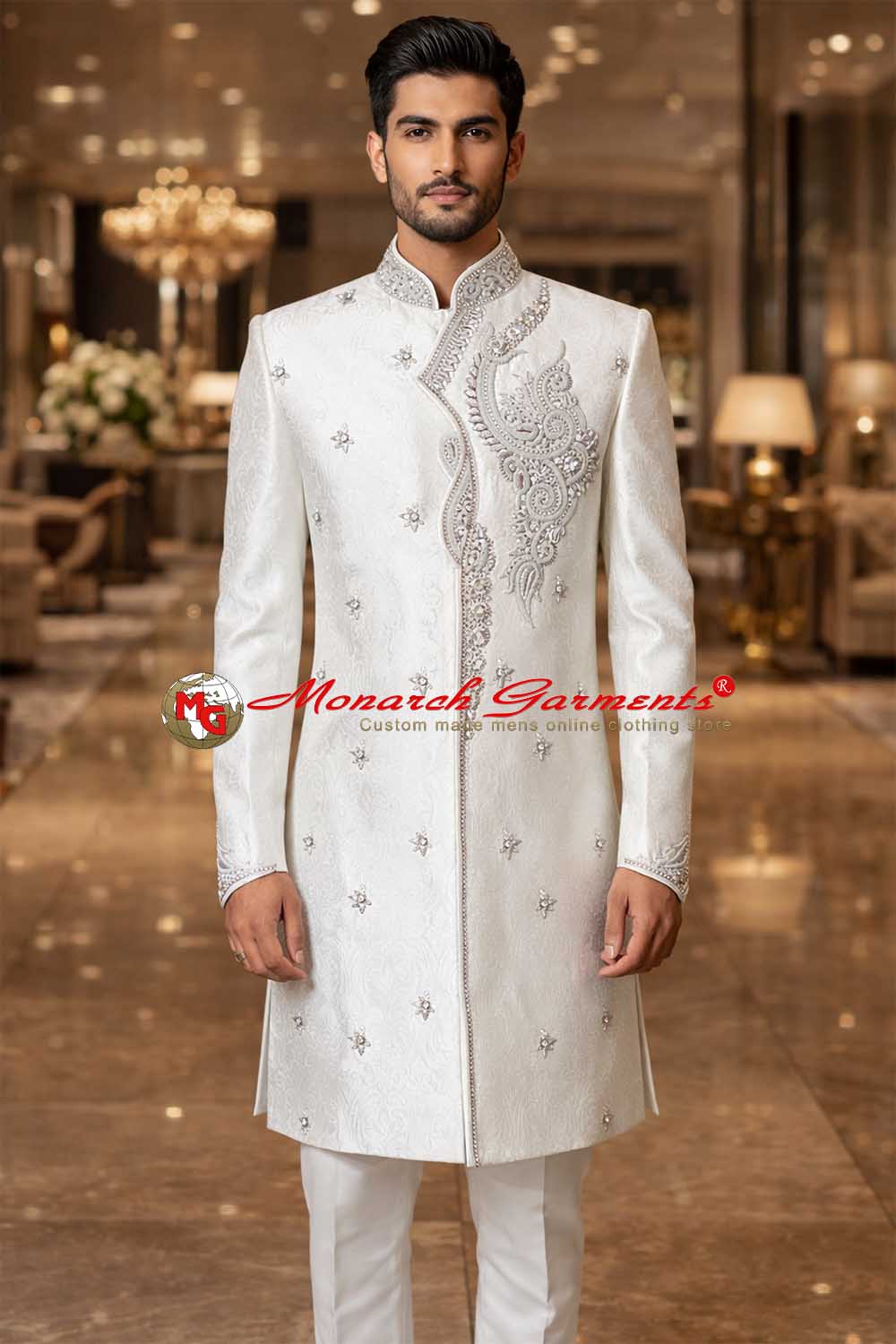Cream brocade Indo Western suit for men with embroidery Nehru collar wedding wear with trouser