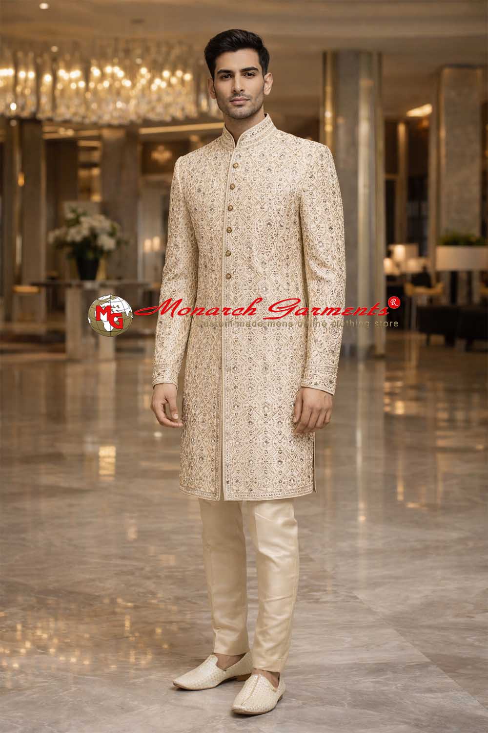 Cream brocade Indo Western suit for men with heavy embroidery Nehru collar wedding wear