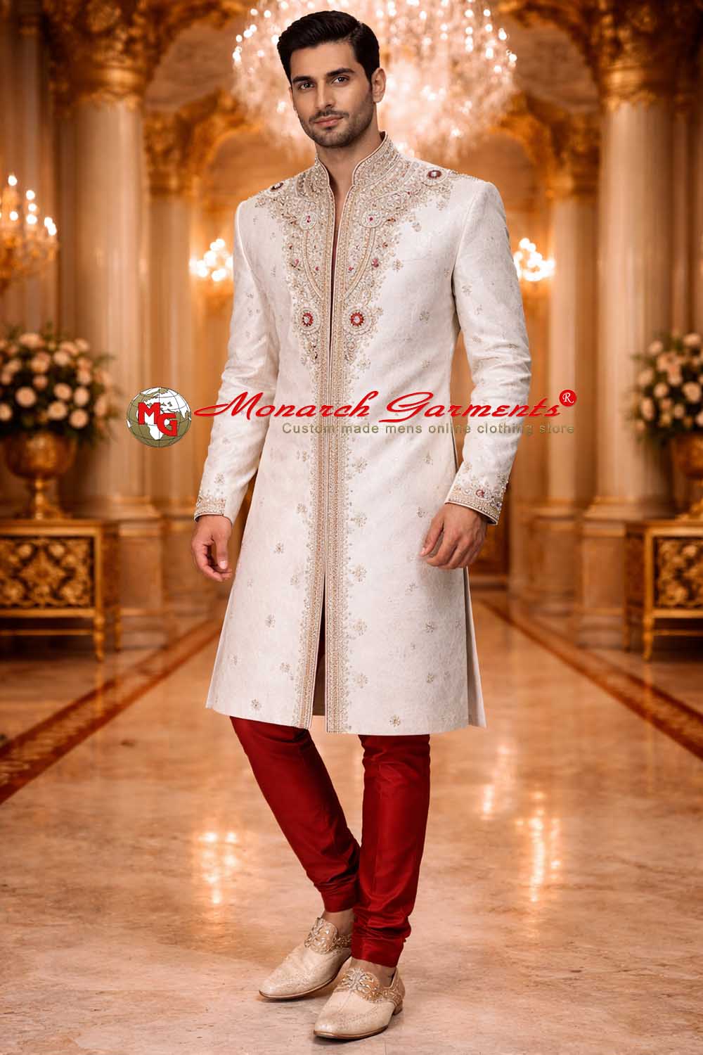 cream brocade groom sherwani with purple detailing and churidar for indian wedding by monarch garments