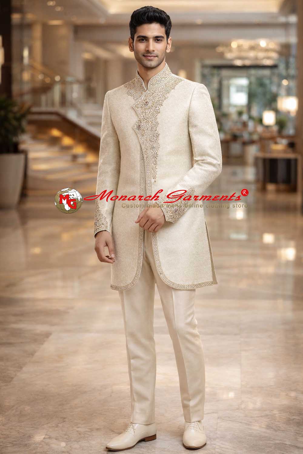 Cream brocade short sherwani Indo Western suit for men with embroidery for wedding wear India