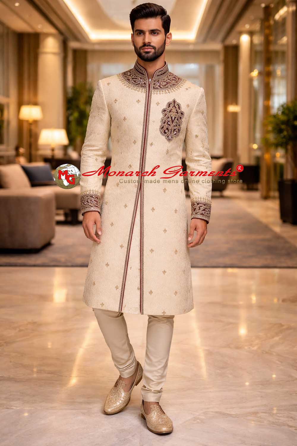 Cream brocade wedding sherwani for men with intricate embroidery and churidar pyjama by Monarch Garments